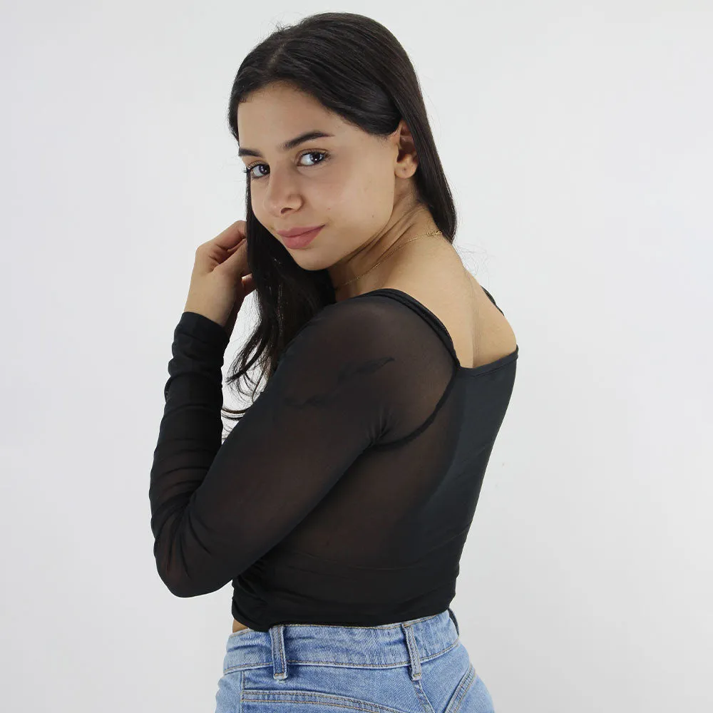 Haut en mousseline à manches et fermeture à crochet pour femme, Noir