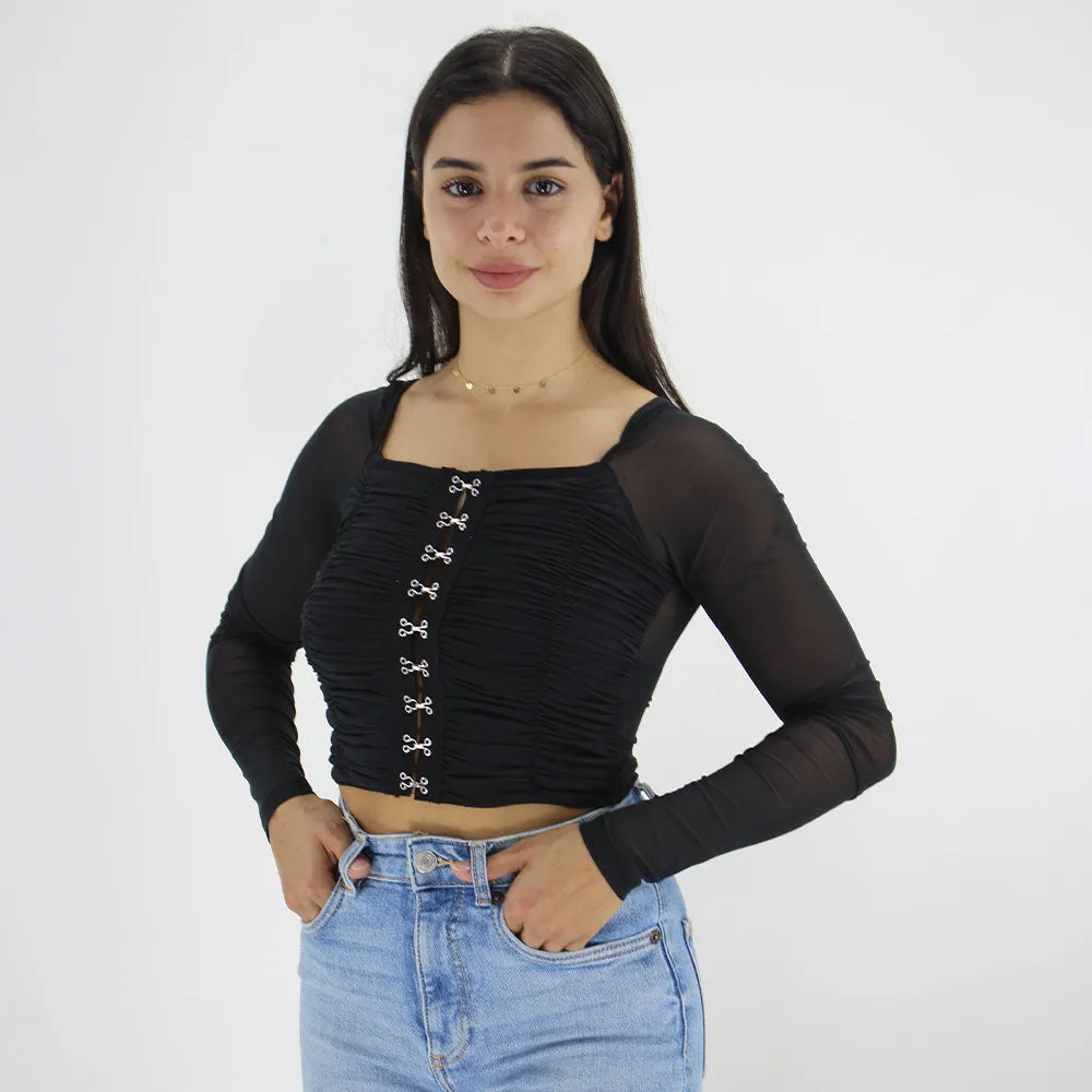 Haut en mousseline à manches et fermeture à crochet pour femme, Noir