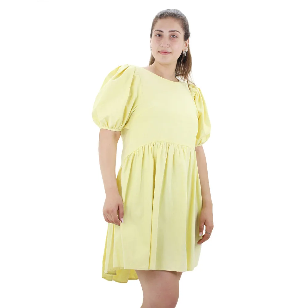 Robe femme à dos nu avec manches ballon unie, Jaune