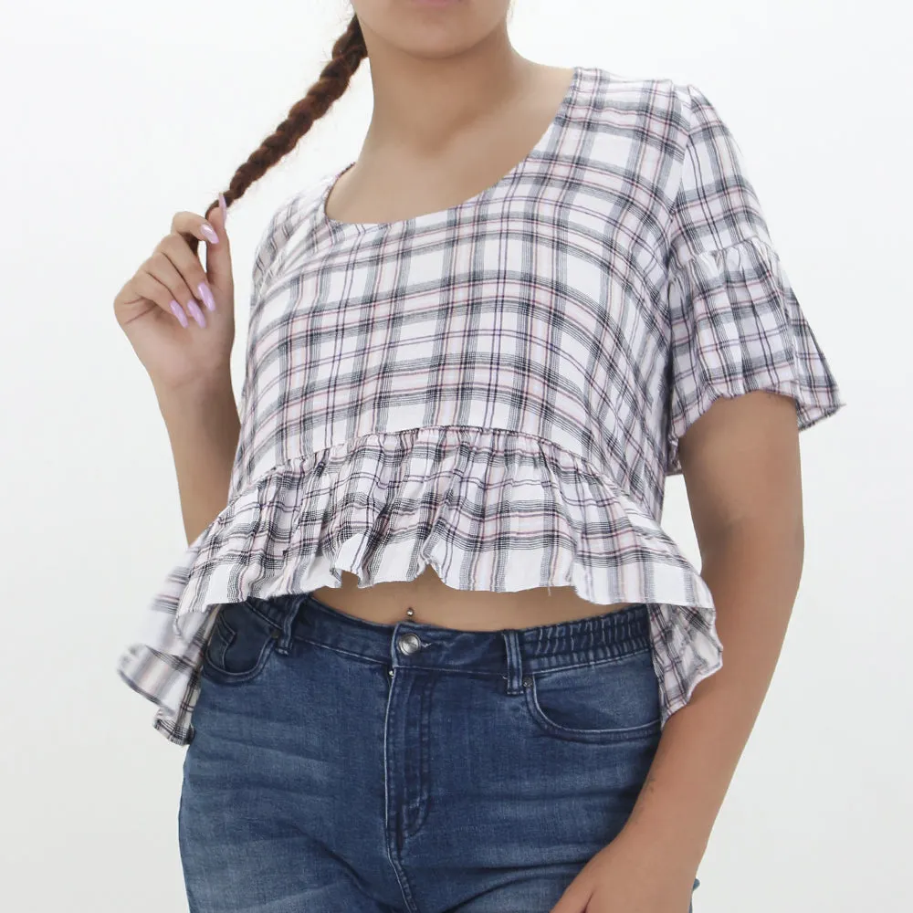 Haut à volants en plaid pour femmes, Blanc