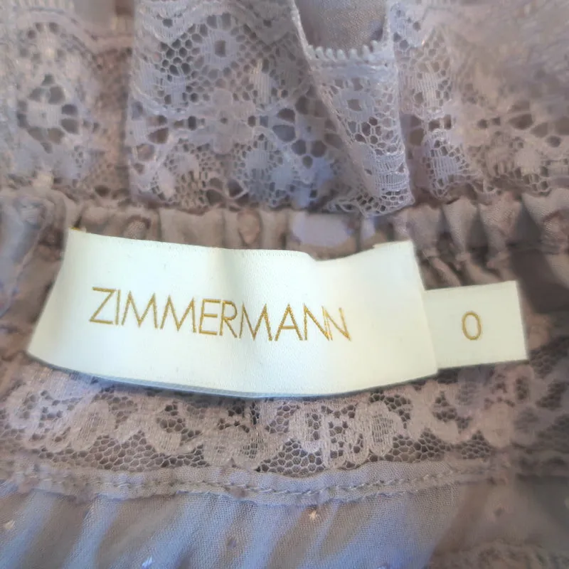 Zimmermann Blouse Lavande en Soie Mélangée à Motifs Suisse Garnie de Dentelle Taille 0