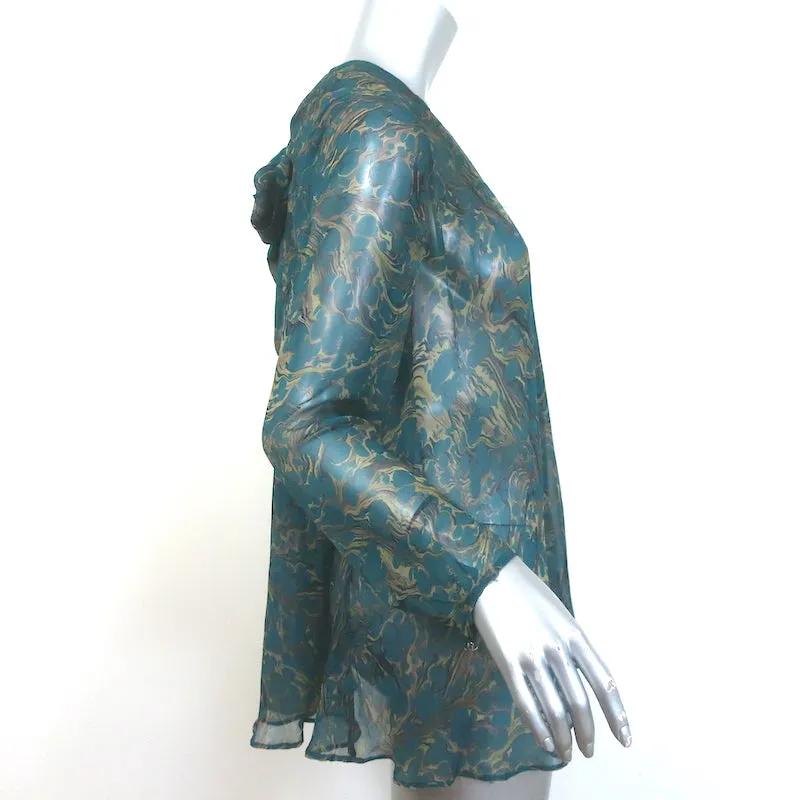 Zimmermann Blouse à Nœud Dos Imprimée Bleu Canard en Chiffon Taille 3 Haut à Manches Longues