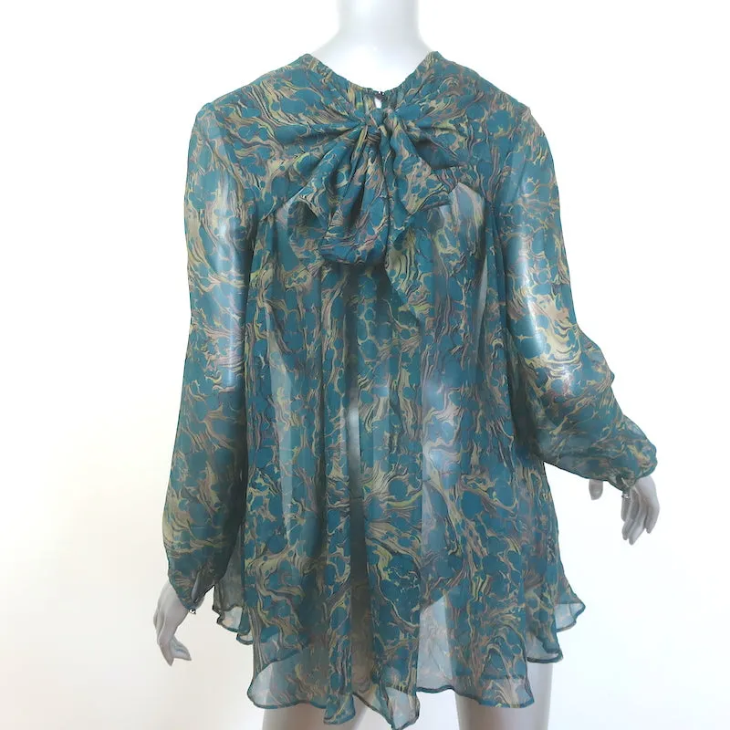 Zimmermann Blouse à Nœud Dos Imprimée Bleu Canard en Chiffon Taille 3 Haut à Manches Longues