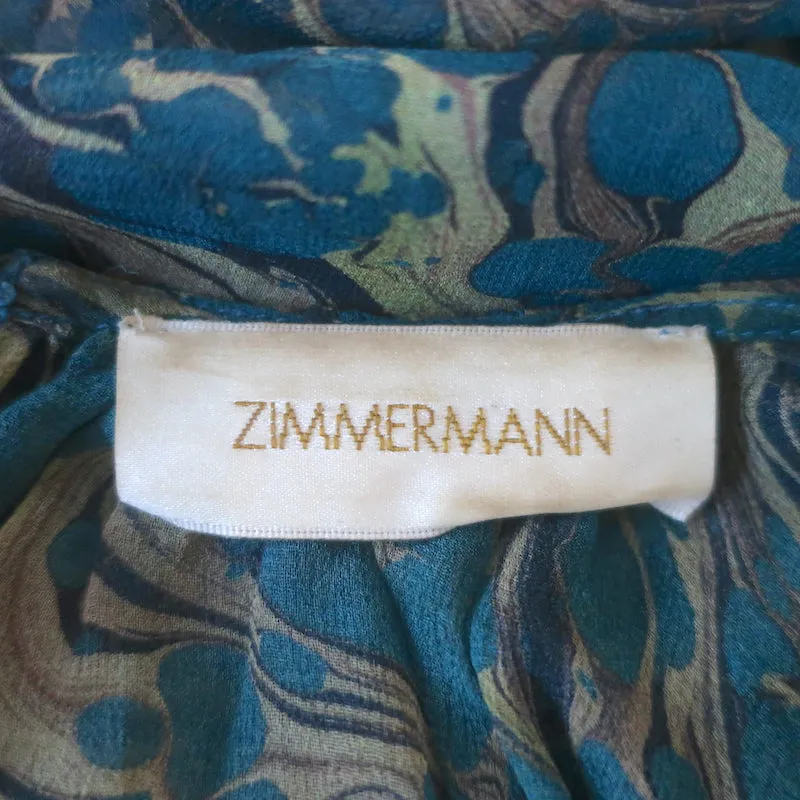 Zimmermann Blouse à Nœud Dos Imprimée Bleu Canard en Chiffon Taille 3 Haut à Manches Longues